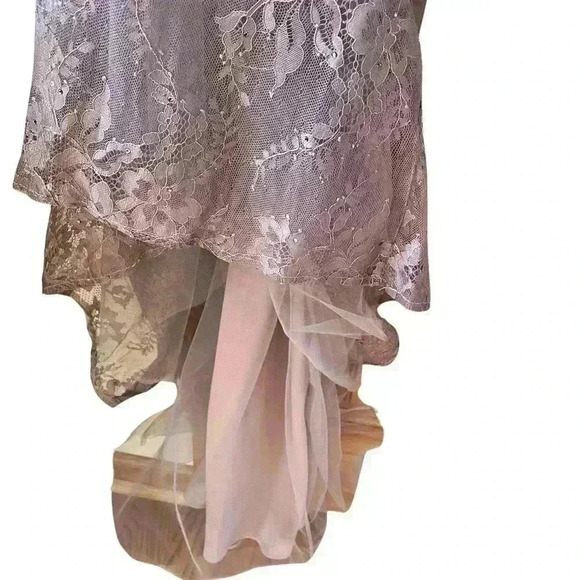 NEW La Femme Lace Overlay rhinestone off shoulder cap sleeve cocoa dress gown 2 - Picture 12 of 12